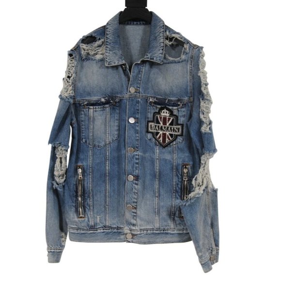 Balmain Mens Distressed Jeans Jacket Size Large Blue Denim Logo Ripped Sleeves